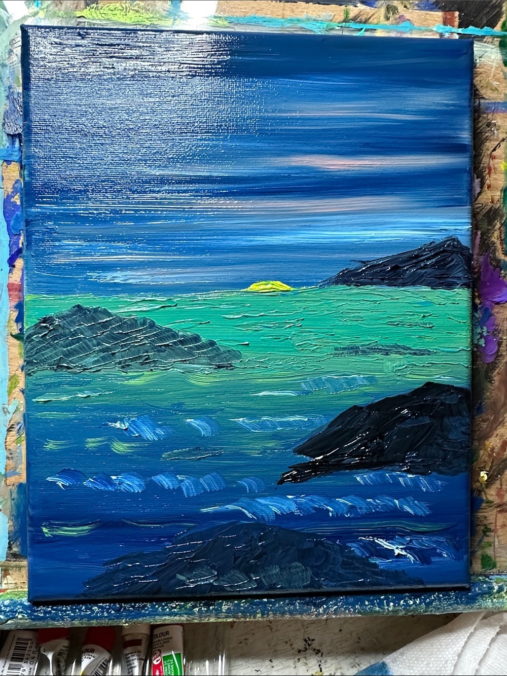 Ocean Horizon Acrylic Painting in Teal and Deep Blue